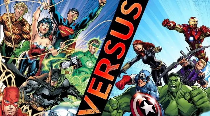 Justice League and Avengers superheroes face off on comic-style poster