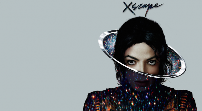 Michael Jackson close-up with space ring and Xscape album title