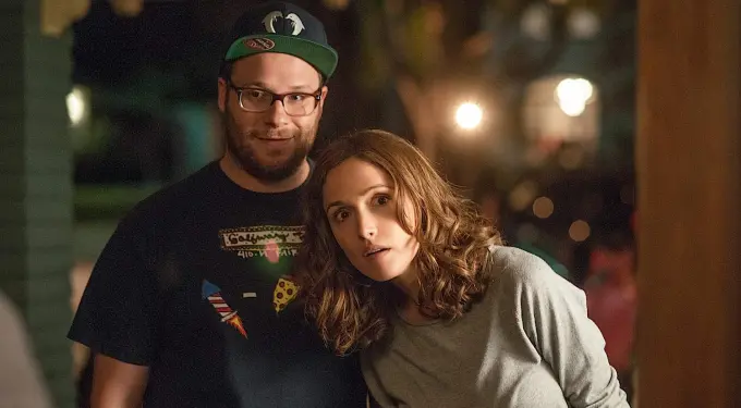 man wearing glasses and cap stands next to concerned woman outdoors at night
