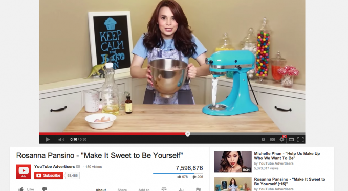Rosanna Pansino holds a mixing bowl beside a blue stand mixer