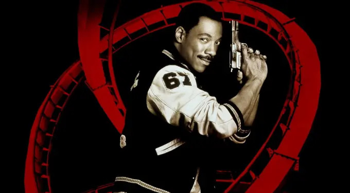 Eddie Murphy holding a gun in iconic Beverly Hills Cop style poster