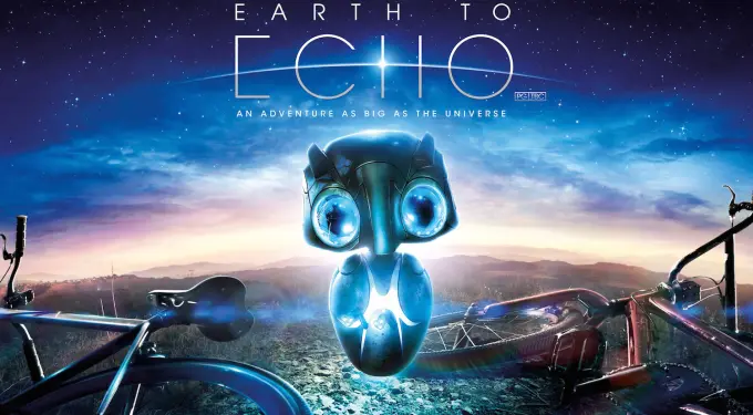 Earth to Echo poster with glowing robot and two bikes at dusk