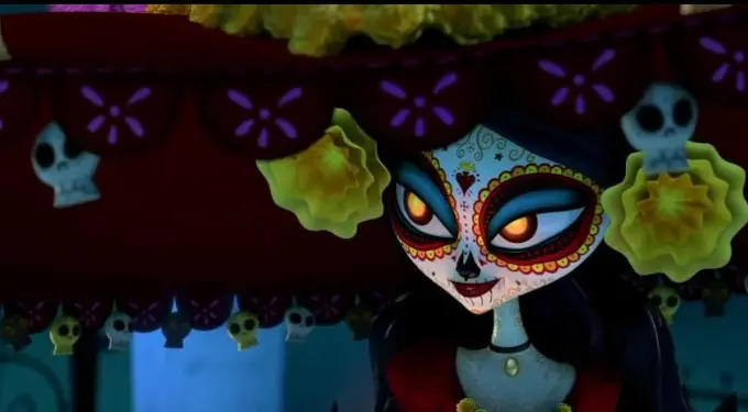 Animated character La Muerte in colorful Day of the Dead face paint