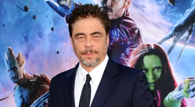 Benicio Del Toro in suit on Guardians of the Galaxy premiere red carpet