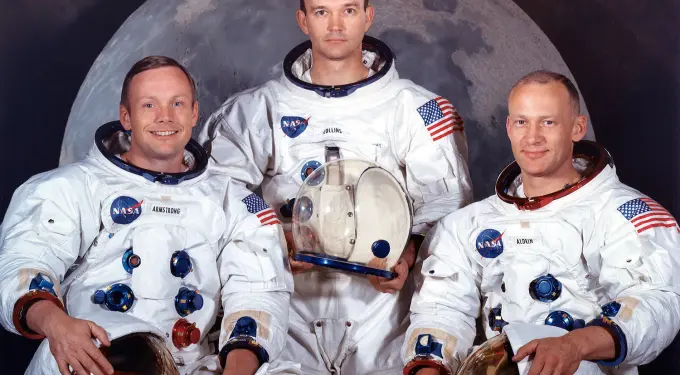Apollo 11 astronauts Neil Armstrong, Michael Collins, Buzz Aldrin in suits