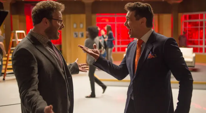 Seth Rogen and James Franco enthusiastically talking on film set