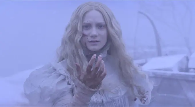 Distressed woman in tattered white dress reaches out in snowy graveyard
