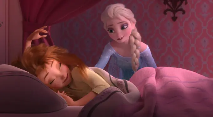 Anna waking up in bed with Elsa smiling nearby in Frozen Fever