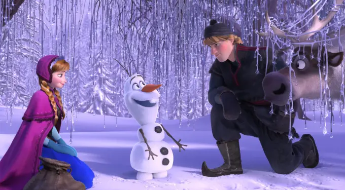 Anna, Olaf, Kristoff kneel near reindeer Sven in snowy icy forest