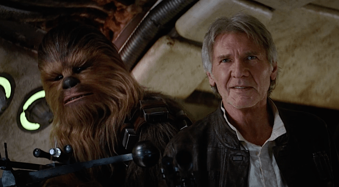 Harrison Ford as Han Solo and Chewbacca inside spaceship