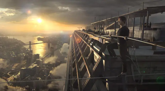 Joseph Gordon-Levitt as Philippe Petit tightrope walks high above city