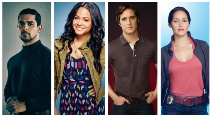 Four actors pose separately in promotional studio portraits, casual to formal wear