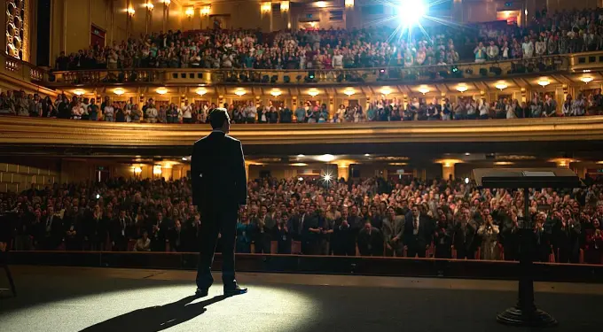 Man in suit stands on stage facing applauding audience in theater
