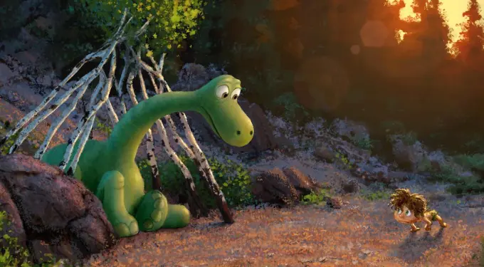 Green dinosaur and small boy crawling on forest ground at sunset