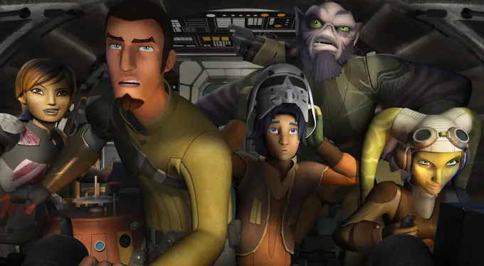 Five Star Wars Rebels characters in cockpit looking alert and ready