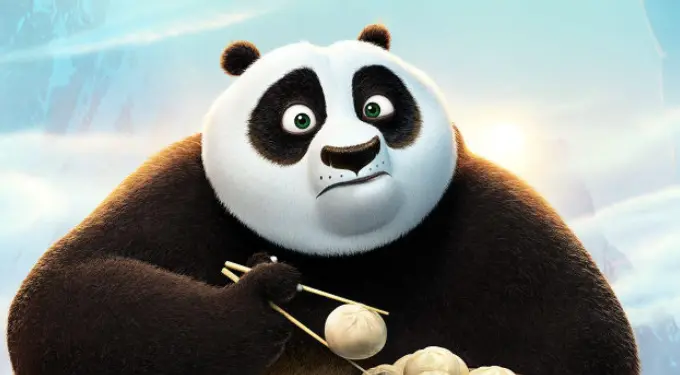 Kung Fu Panda holding dumplings with chopsticks, surprised expression