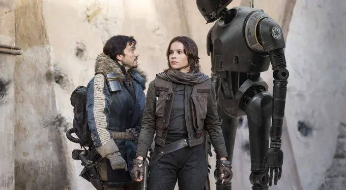 Diego Luna, Felicity Jones and K-2SO in Rogue One