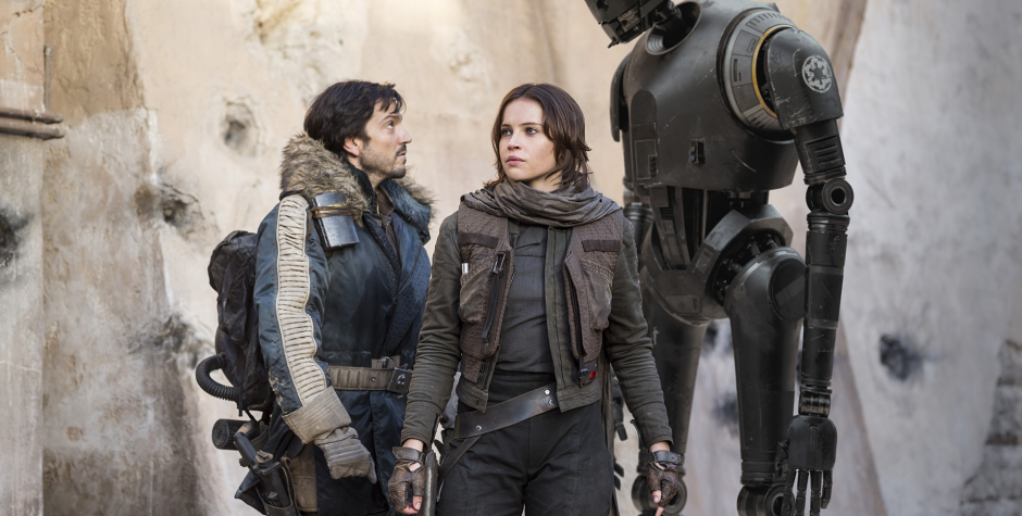 Diego Luna, Felicity Jones and K-2SO in Rogue One