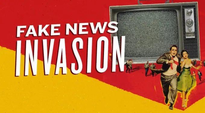 Poster for Fake News Invasion with people running from old TV