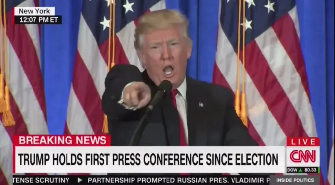 Donald Trump speaking and pointing at first post-election press conference