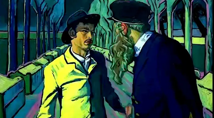 Two men in hats converse on a stylized painted street at night