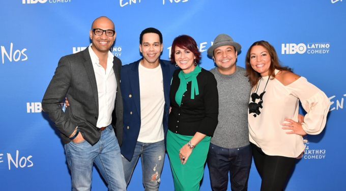 Five smiling adults pose at HBO Latino Entre Nos comedy event