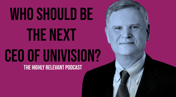 Man in suit with text asking who is next Univision CEO