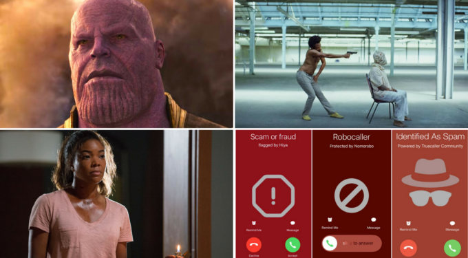 Montage: Thanos close-up, Childish Gambino aiming gun, woman holding lighter, robocall screen