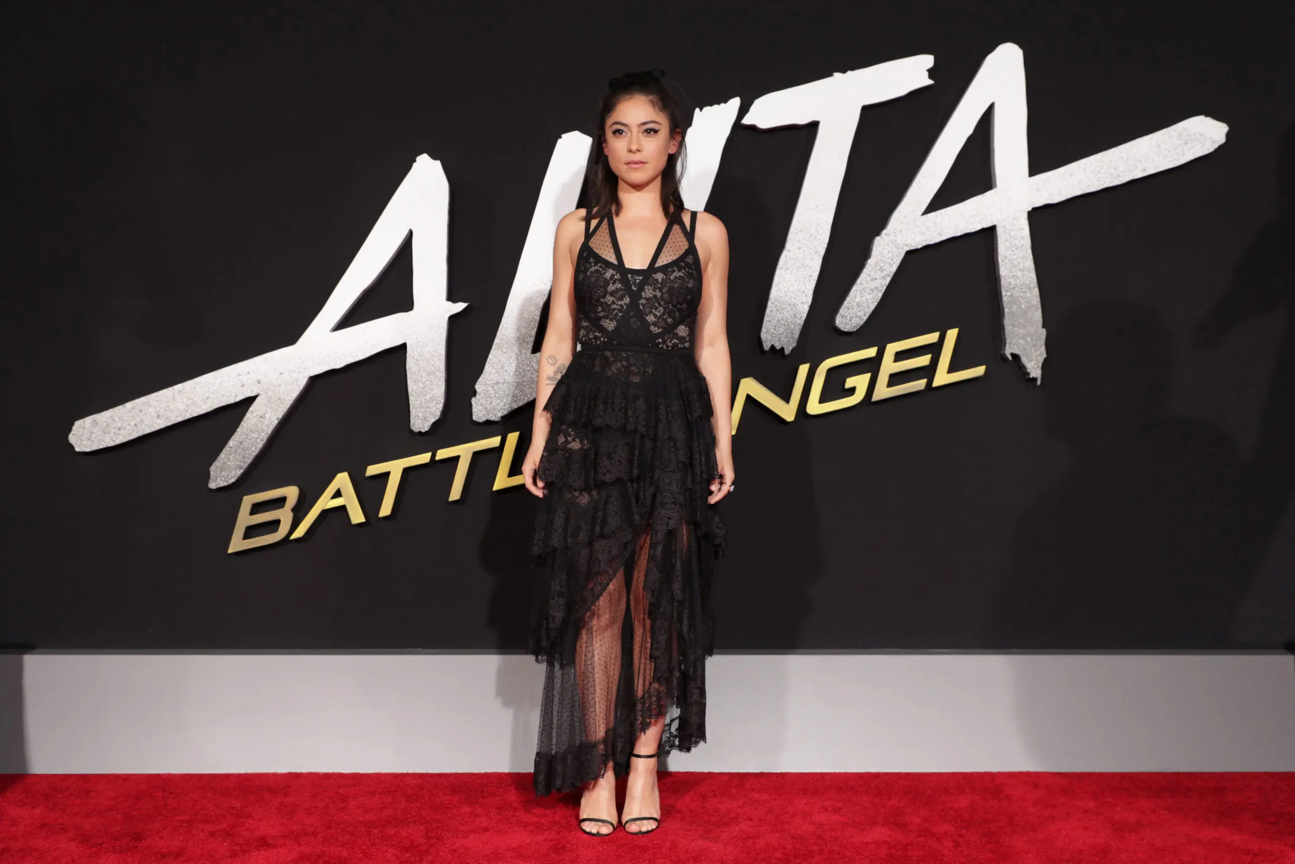 Rosa Salazar attends the Alita: Battle Angel premiere in Los Angeles.
Rosa Salazar in black lace dress on Alita premiere red carpet