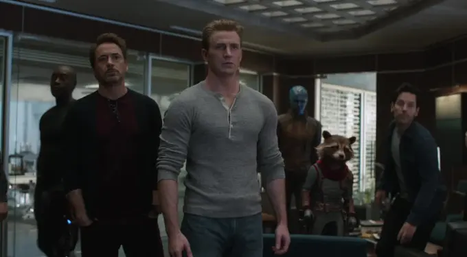 Marvel Studios’ Avengers: Endgame film frame. Photo: Marvel Studios 2019.
Avengers team including Captain America Iron Man Rocket and Black Widow in Avengers Endgame scene