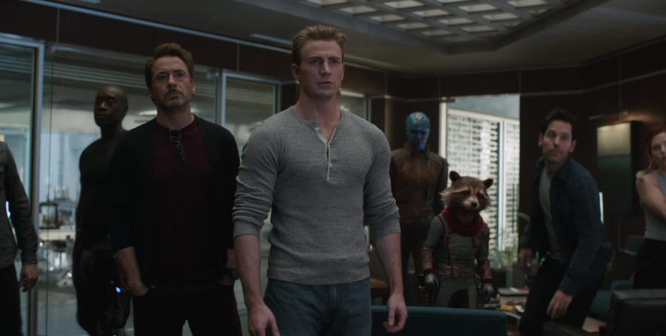 Avengers team including Captain America Iron Man Rocket and Black Widow in Avengers Endgame scene