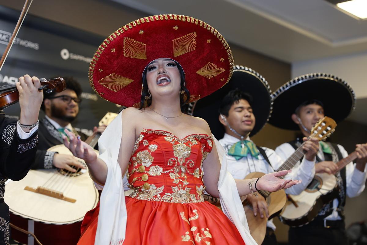 Live band performs at the press line of Going Varsity in Mariachi by Alejandra Vasquez and Sam Osborn, an official selection of the U.S. Documentary Competition at the 2023 Sundance Film Festival. © 2023 Sundance Institute | photo by Stephen Speckman.