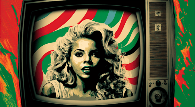 Abstract headshot of woman inside vintage TV with colorful background
