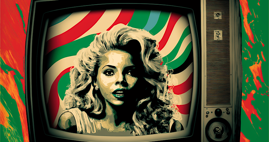 Abstract headshot of woman inside vintage TV with colorful background