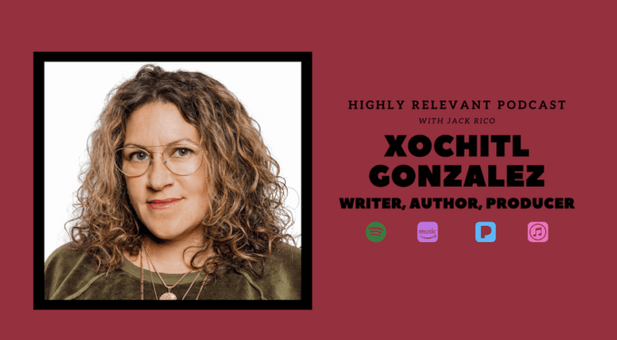 Headshot of Xochitl Gonzalez with curly hair and glasses