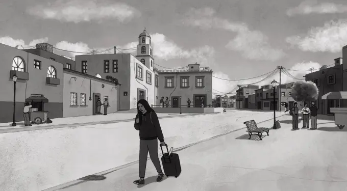 Animated woman with suitcase walking on empty town street with group talking nearby