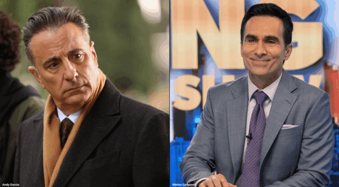 Andy García in coat looks serious; Néstor Carbonell in suit smiles at desk