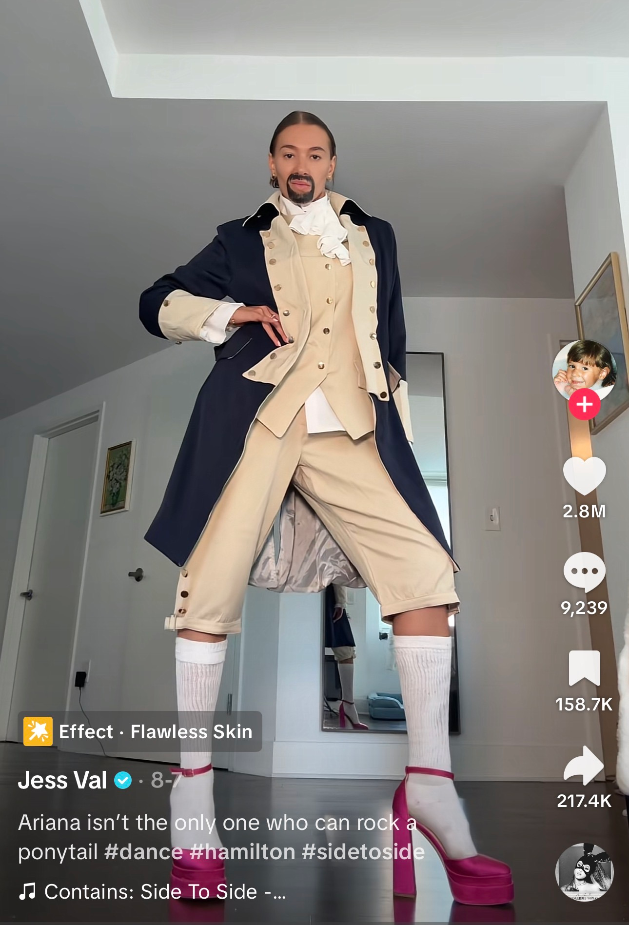 Jess Val Ortiz in Hamilton costume on TikTok, pink heels