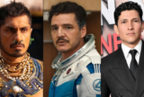 Pedro Pascal in spacesuit center, man in fantasy costume left, man in suit right