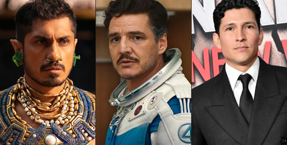 Pedro Pascal in spacesuit center, man in fantasy costume left, man in suit right